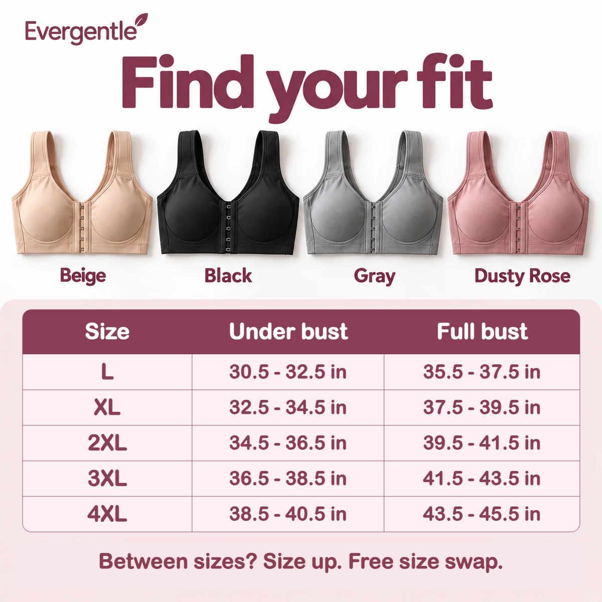 Colors beige, black, gray, rose and size guide by under-bust and full-bust measurement, L to 4XL