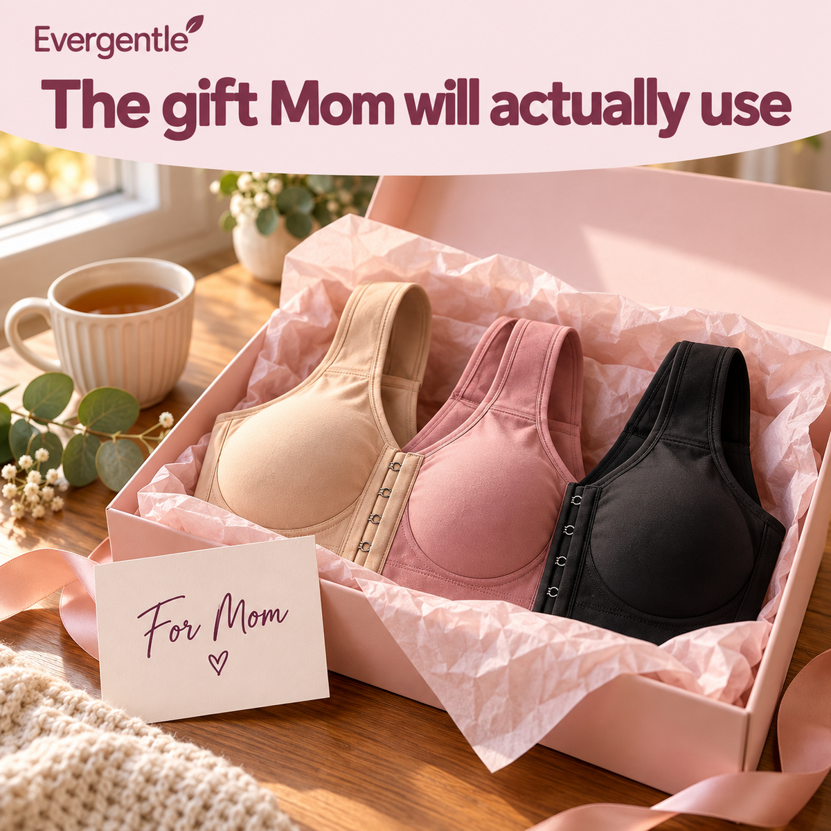Gift box with three front-closure bras for Mom